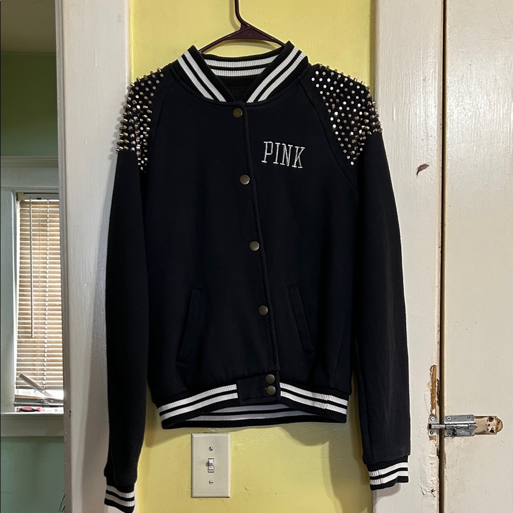 PINK Victoria's Secret Black Bomber Jacket with Studded Shoulders